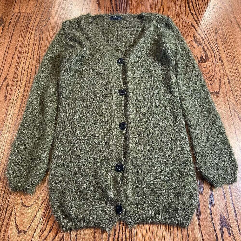 Chartreuse Olive Green Open Knit Fuzzy Cardigan Size M